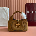 GUCCI 25S HANDBAG 28 CM IN DARK WOOD BROWN SUEDE WITH GOLD HARDWARE