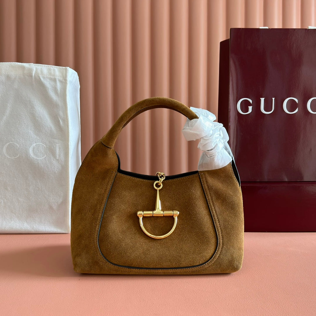 GUCCI 25S HANDBAG 28 CM IN DARK WOOD BROWN SUEDE WITH GOLD HARDWARE