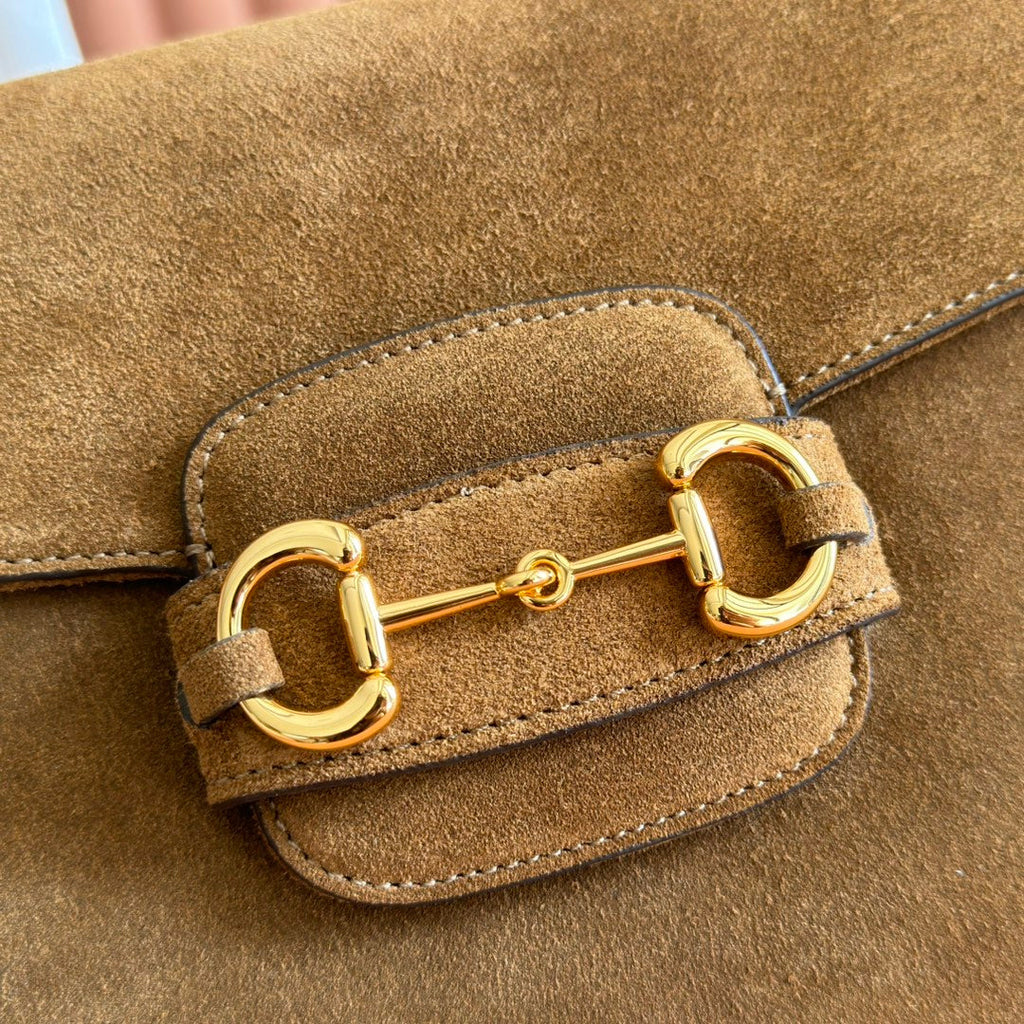 GUCCI 25S HORSEBIT 1955 30 CM IN BROWN SUEDE WITH GOLD HARDWARE