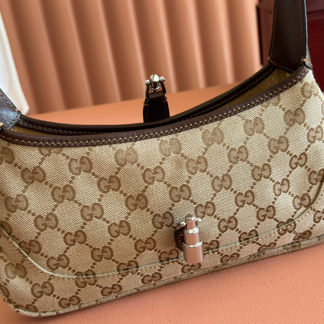 GUCCI 25S JACKIE MONOGRAM 27 CM IN LIGHT BROWN CANVAS AND CALFSKIN