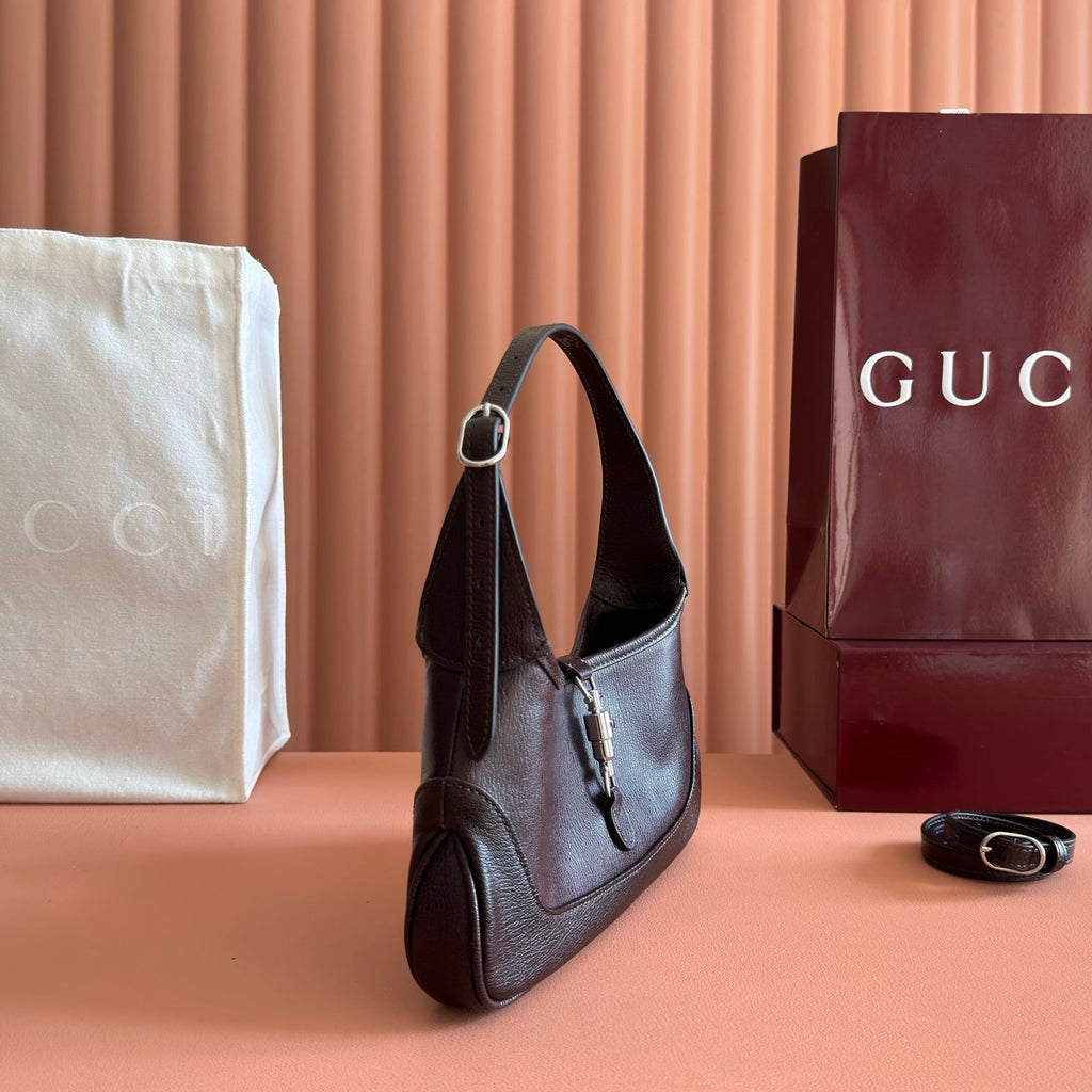 GUCCI 26S JACKIE SLIM SHOULDER BAG 27 IN DARK BROWN CALFSKIN