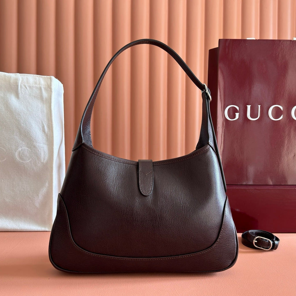 GUCCI 26S JACKIE SLIM SHOULDER BAG 28 IN DARK BROWN CALFSKIN