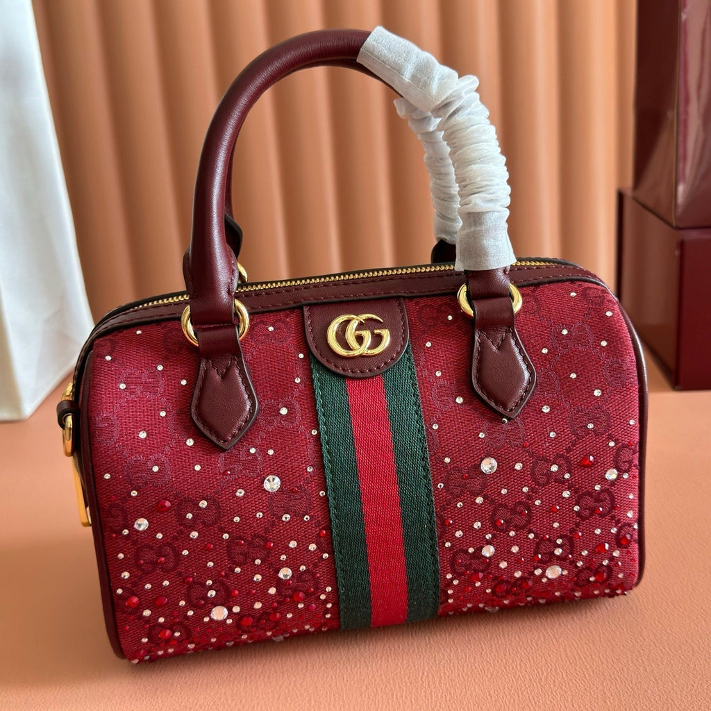 GUCCI 26S OPHIDIA BOSTON BAG 21 IN DARK RED CANVAS EMBELLISHED WITH RHINESTONES