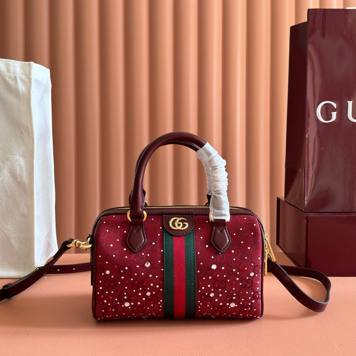 GUCCI 26S OPHIDIA BOSTON BAG 21 IN DARK RED CANVAS EMBELLISHED WITH RHINESTONES