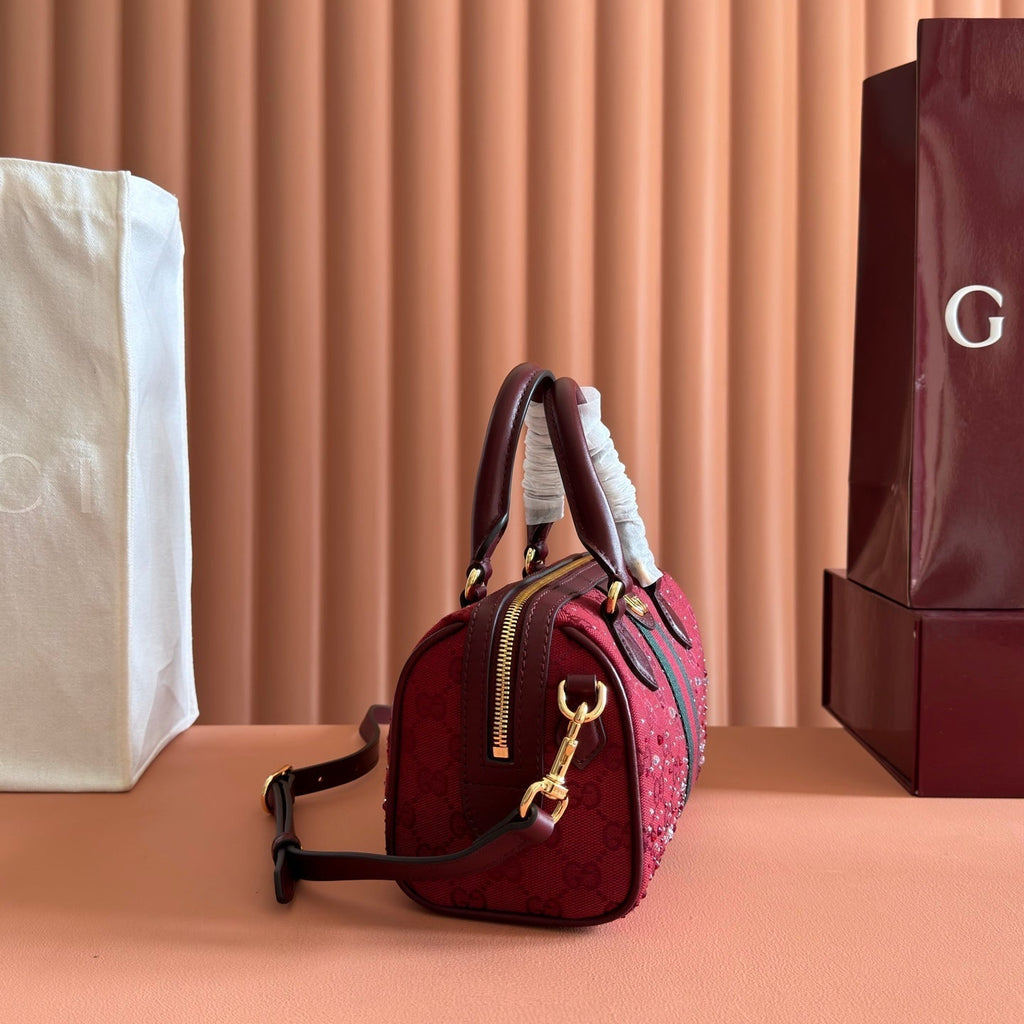 GUCCI 26S OPHIDIA BOSTON BAG 21 IN DARK RED CANVAS EMBELLISHED WITH RHINESTONES