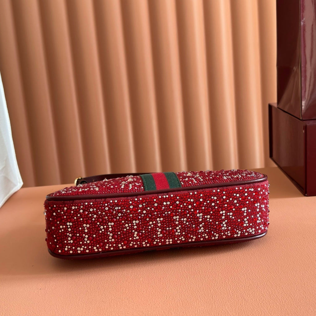 GUCCI 26S OPHIDIA SHOULDER BAG 26 IN DARK RED CANVAS EMBELLISHED WITH RHINESTONES