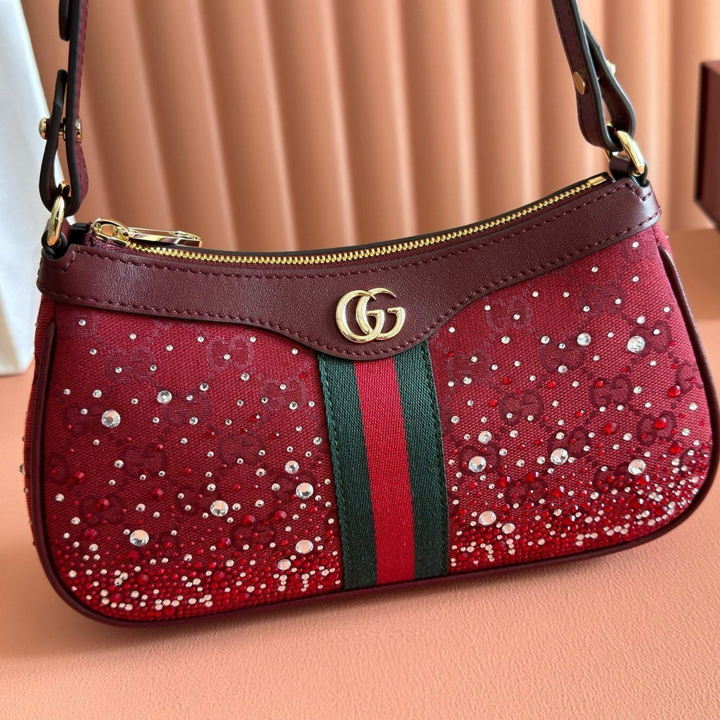 GUCCI 26S OPHIDIA SHOULDER BAG 26 IN DARK RED CANVAS EMBELLISHED WITH RHINESTONES