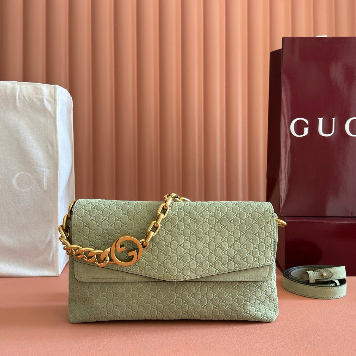 GUCCI 26S SHOULDER BAG 28 IN SAGE GREEN EMBOSSED SUEDE