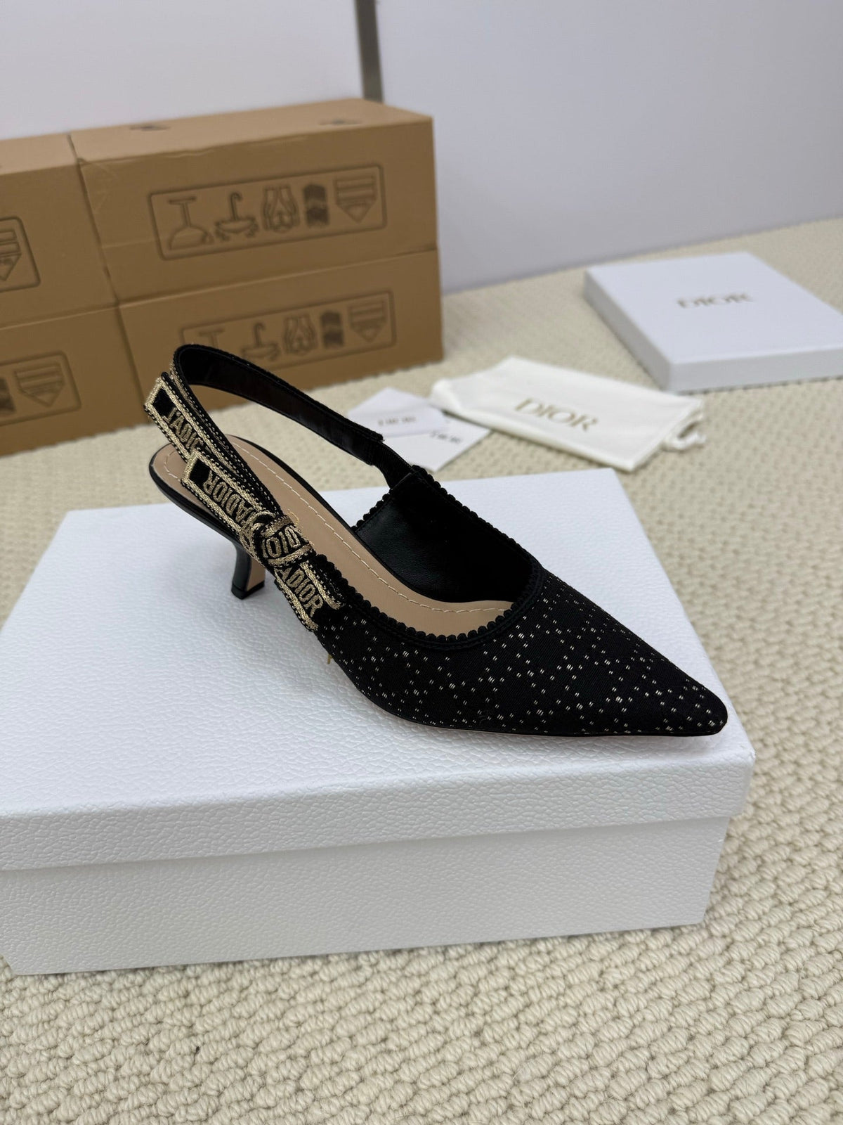 DIOR HIGH SLINGBACK 65 MM 25S IN BLACK FABRIC AND BRAND NAME EMBROIDERY