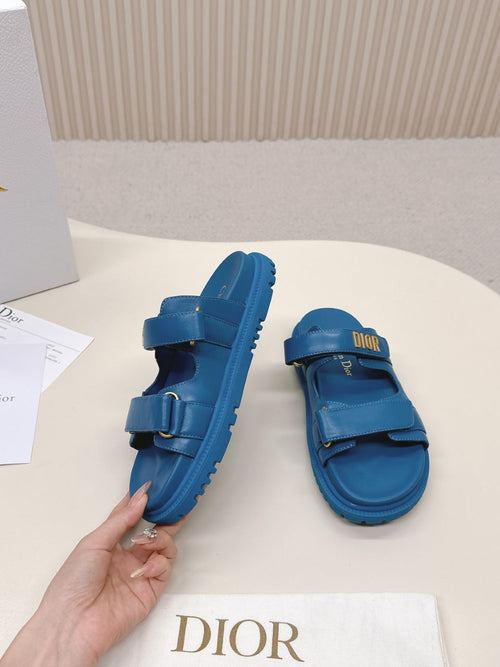 DIOR CLASSIC DOUBLE-STRAP SLIDES 25S IN OCEAN BLUE CALFSKIN