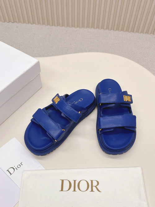 DIOR CLASSIC DOUBLE-STRAP SLIDES 25S IN NAVY BLUE CALFSKIN