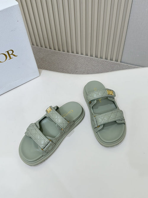 DIOR CLASSIC DOUBLE-STRAP SLIDES 25S IN PALE TEAL GRAY CALFSKIN