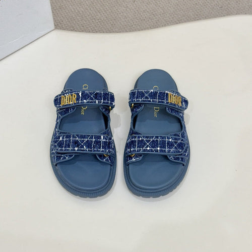 DIOR CLASSIC DOUBLE-STRAP SLIDES 25S IN NAVY BLUE TWEED AND CALFSKIN