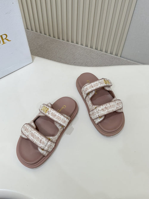 DIOR CLASSIC DOUBLE-STRAP SLIDES 25S IN ROSE BROWN TWEED AND CALFSKIN