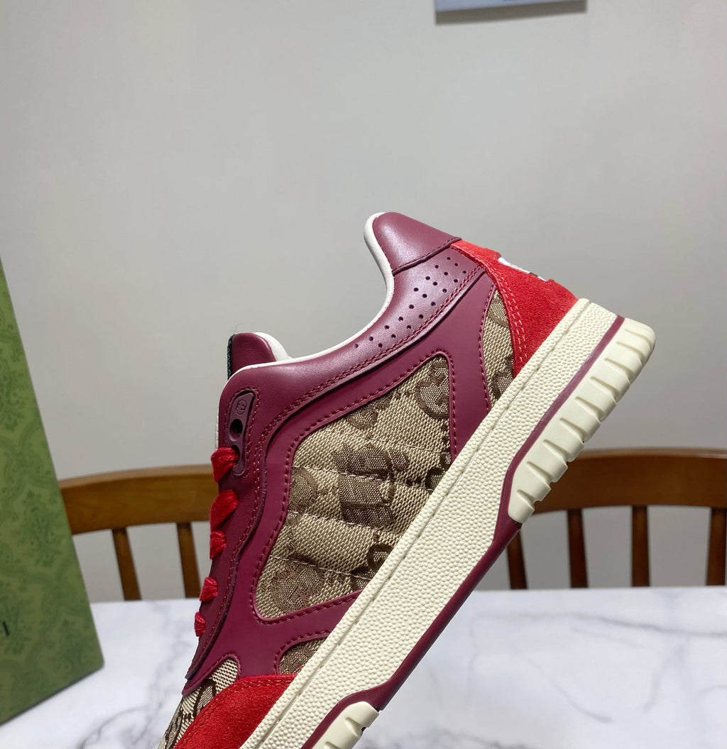 GUCCI 26S RE-WEB TRAINER SNEAKERS IN RED CALFSKIN AND BEIGE CANVAS