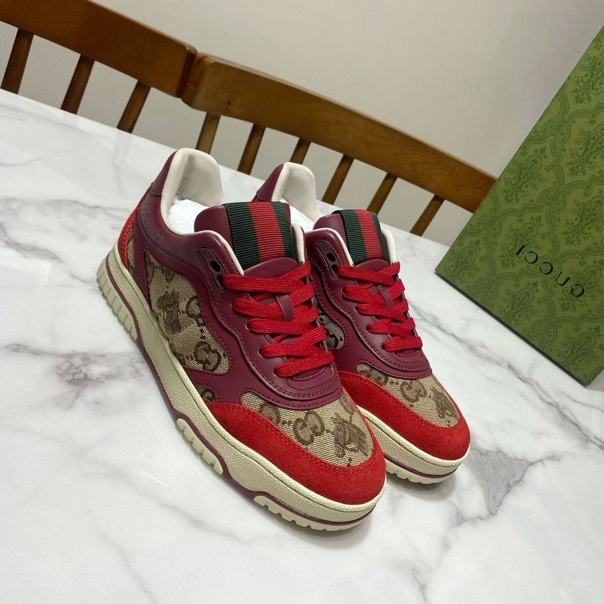 GUCCI 26S RE-WEB TRAINER SNEAKERS IN RED CALFSKIN AND BEIGE CANVAS