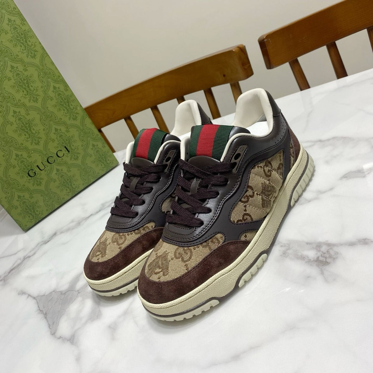 GUCCI 26S RE-WEB TRAINER SNEAKERS IN BROWN CALFSKIN AND BEIGE CANVAS