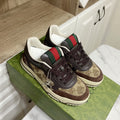 GUCCI 26S RE-WEB TRAINER SNEAKERS IN BROWN CALFSKIN AND BEIGE CANVAS