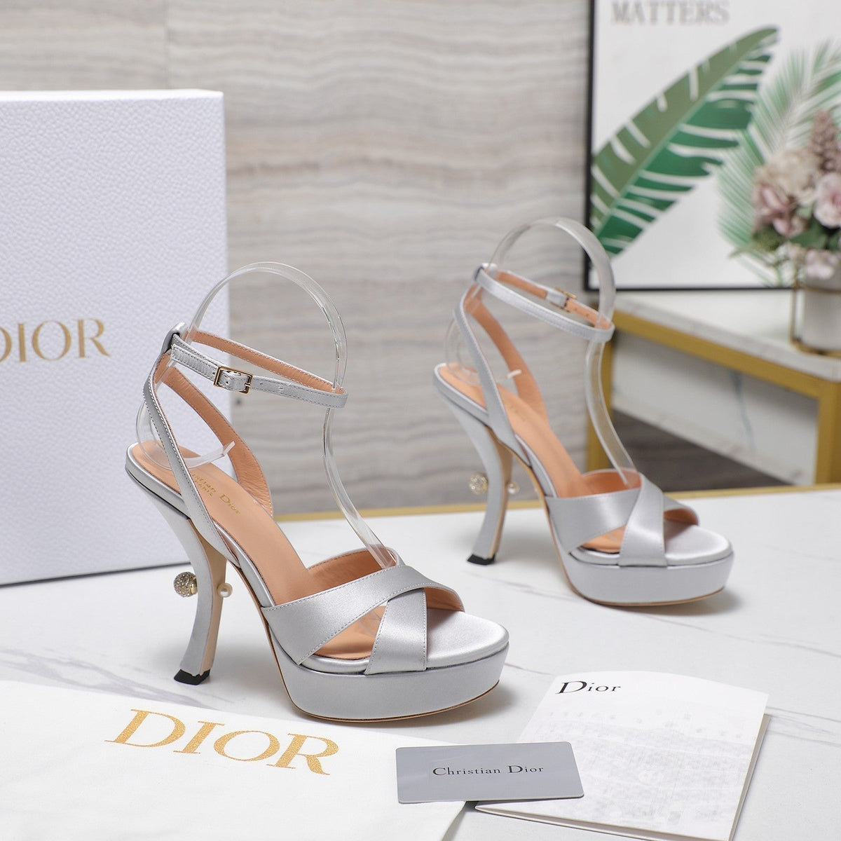 DIOR PEARL-EMBELLISHED HIGH HEEL SANDALS 25S 115 MM IN SILVER SATIN