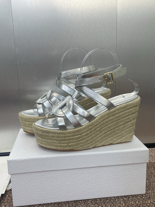 DIOR D-CLUB 25S HIGH HEEL WEDGE 100MM IN SILVER GLOSSY CALFSKIN RAFFIA SOLE
