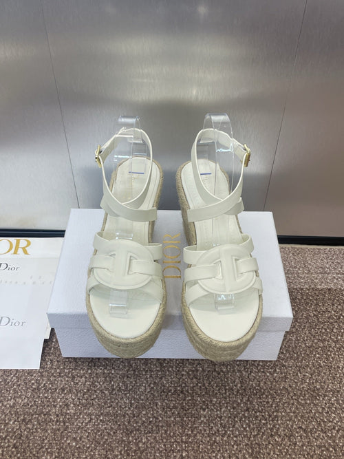 DIOR D-CLUB 25S HIGH HEEL WEDGE 100MM IN WHITE CALFSKIN RAFFIA SOLE
